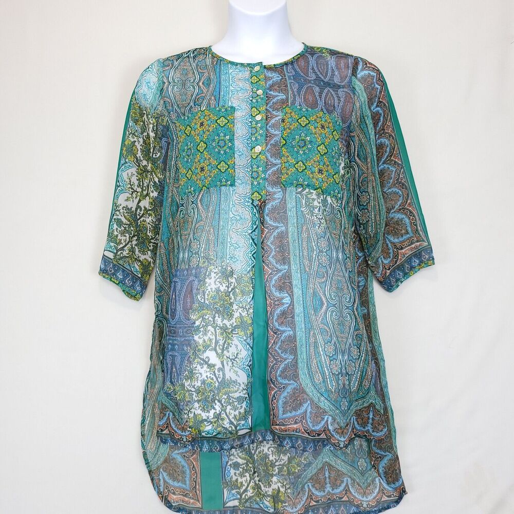 Westport 1962 Sheer Tunic Popover Women L Multicolor Green Print Beachy Cover Up
